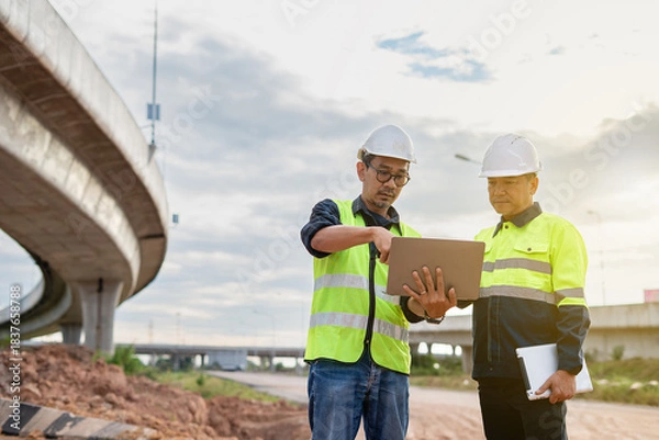 Fototapeta Two construction engineers, wearing hard hats and high-visibility vests, stand at a highway interchange construction site. discussing plans with his colleague who holds a walkie-talkie and tablet.