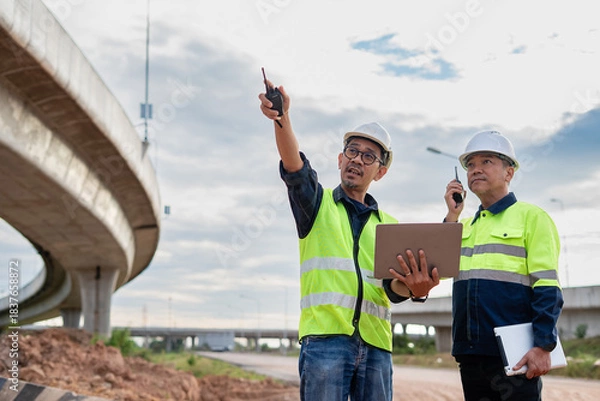 Fototapeta Two construction engineers, wearing hard hats and high-visibility vests, stand at a highway interchange construction site. discussing plans with his colleague who holds a walkie-talkie and tablet.