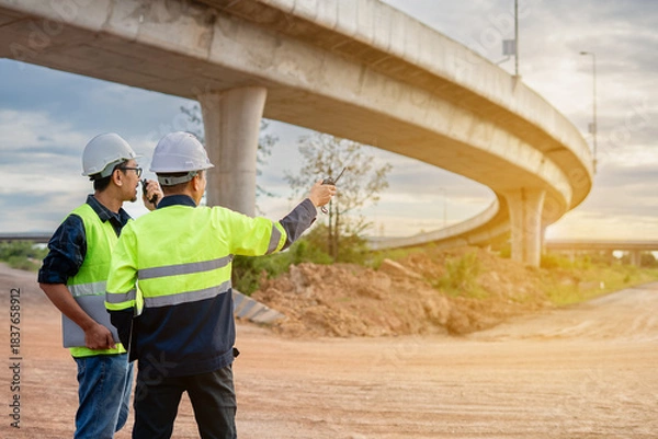 Fototapeta Two construction engineers, wearing hard hats and high-visibility vests, stand at a highway interchange construction site. discussing plans with his colleague who holds a walkie-talkie and tablet.