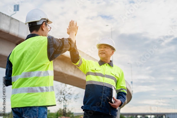 Fototapeta A close-up of two construction or business professionals in hard hats and reflective safety vests shaking hands at an outdoor site, with a bridge structure in the soft-focus background.
