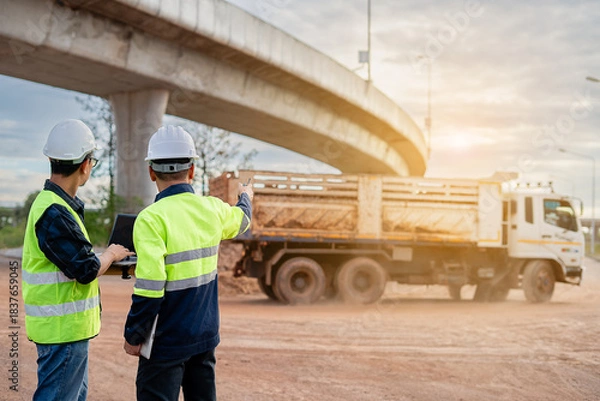 Fototapeta Two construction engineers, wearing hard hats and high-visibility vests, stand at a highway interchange construction site. discussing plans with his colleague who holds a walkie-talkie and tablet.