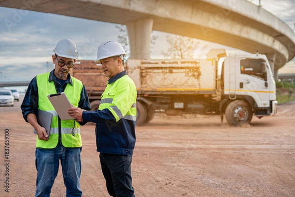 Fototapeta Two construction engineers, wearing hard hats and high-visibility vests, stand at a highway interchange construction site. discussing plans with his colleague who holds a walkie-talkie and tablet.