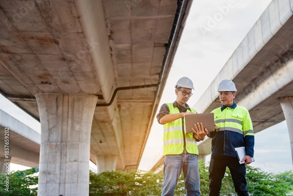 Fototapeta Two construction engineers, wearing hard hats and high-visibility vests, stand at a highway interchange construction site. discussing plans with his colleague who holds a walkie-talkie and tablet.
