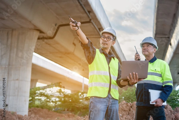 Fototapeta Two construction engineers, wearing hard hats and high-visibility vests, stand at a highway interchange construction site. discussing plans with his colleague who holds a walkie-talkie and tablet.
