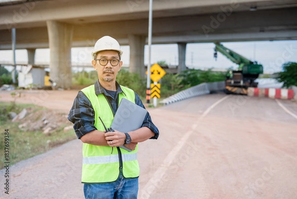 Fototapeta A professional Asian construction engineer, stands confidently on a dirt road at an infrastructure site. holds a laptop and a walkie-talkie. The highway bridge structure and heavy machinery