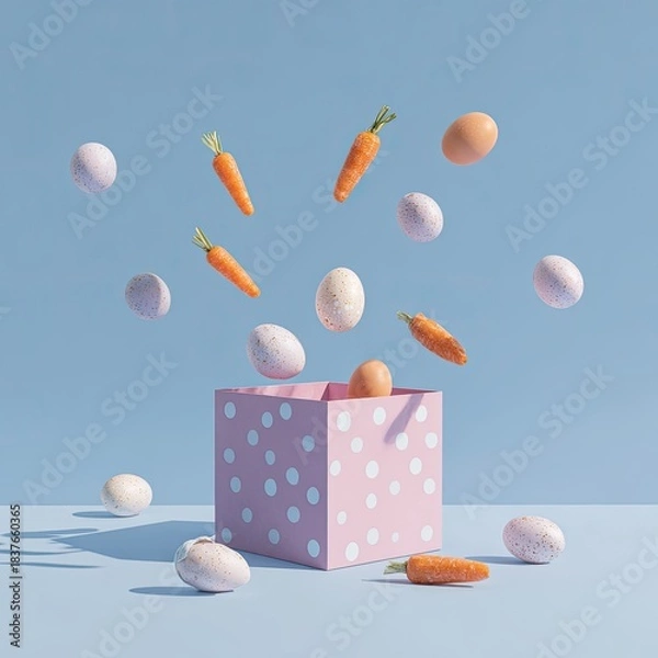 Obraz Eggs & carrots float above polka-dot box against soft blue backdrop in studio