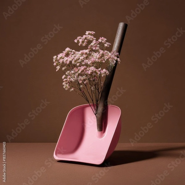 Obraz Pink dustpan holds delicate pink flowers, rustic brown background, shadow