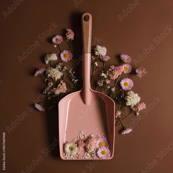 Obraz Pink trowel with light flowers on brown