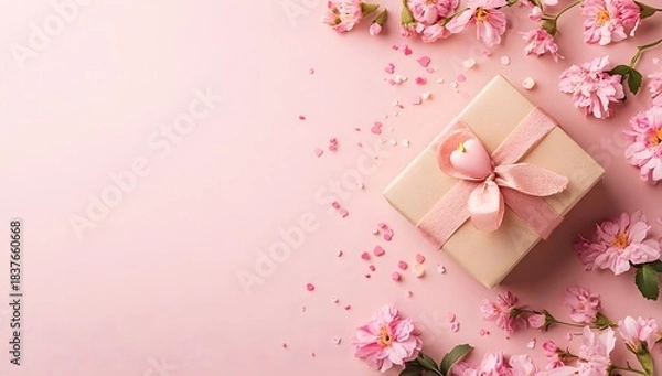Fototapeta A single gift box positioned right on a soft pastel pink backdrop.