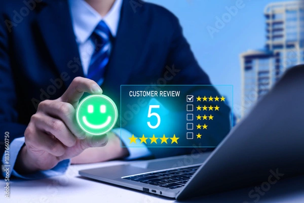 Fototapeta Customer Satisfaction Concept Satisfaction given by the highest five-star rating user rating service experience in online application 
