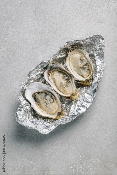 Obraz Three open oysters on crinkled foil, flat lay, against light gray backdrop