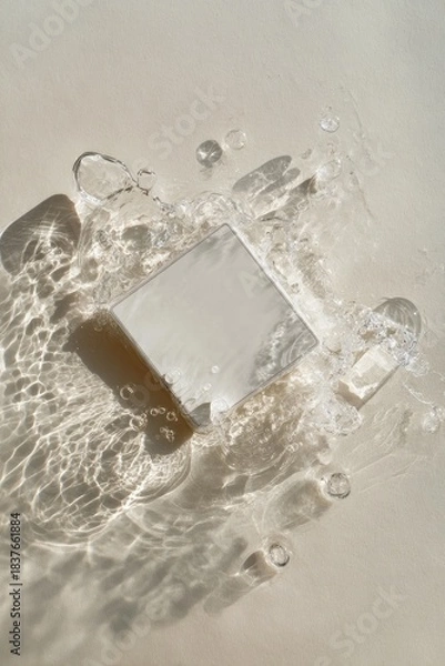 Obraz Square reflective object in water, abstract, beige backdrop, with splashes