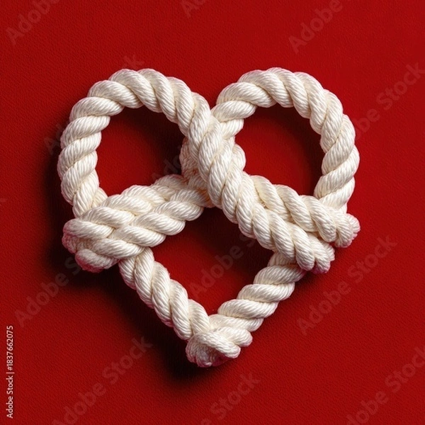 Obraz Heart shape crafted from thick white rope against a vibrant red backdrop