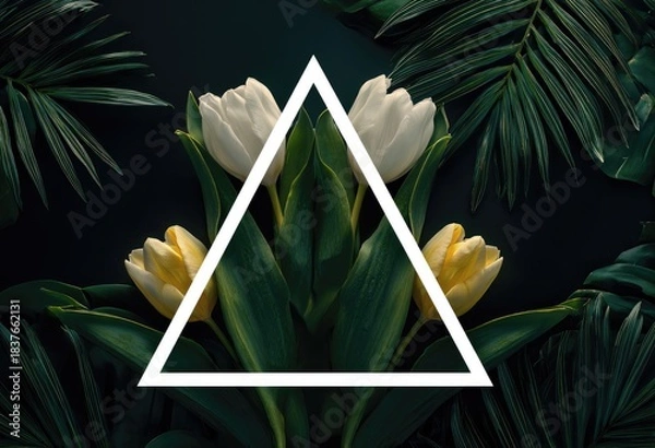 Obraz Symmetrical floral & leaf arrangement framed with a white triangle shape
