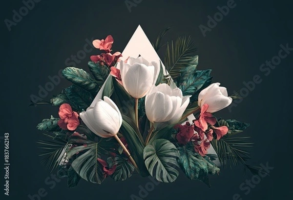 Obraz Lush floral arrangement with white tulips framed by a triangle against dark backdrop