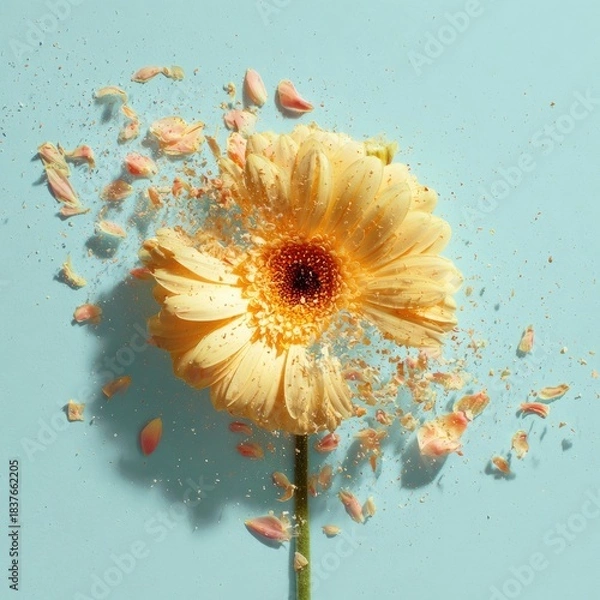 Obraz Exploding yellow flower with scattered petals on light blue background