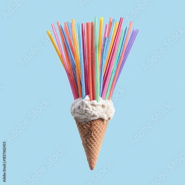 Obraz Surreal ice cream cone filled with vibrant plastic straws on light blue