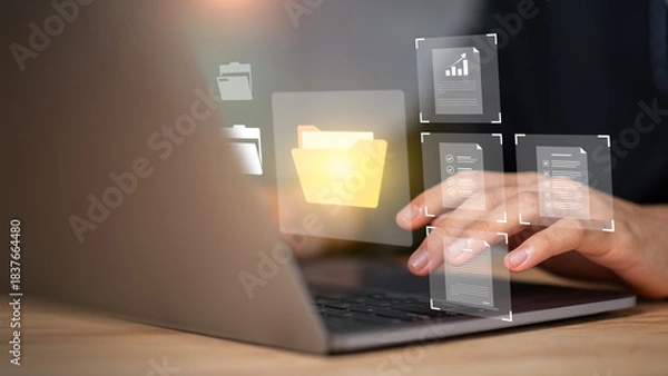 Obraz showcasing seamless digital file interaction and structured cloud organization, symbolizing smart data flow, secure information management, optimized document processes for modern business operations