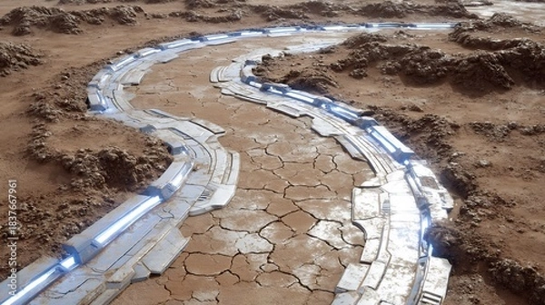 Obraz Artificial River with Blue Lights in Dry Landscape.