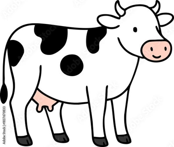 Obraz Cute cartoon cow illustration in simple black and white line art style