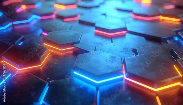 Obraz Modern tech background with luminous hexagon pattern and vibrant sci-fi lighting.