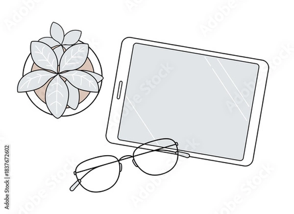 Fototapeta タブレットと観葉植物のミニマルな俯瞰ラインアイコン（くすみカラー）