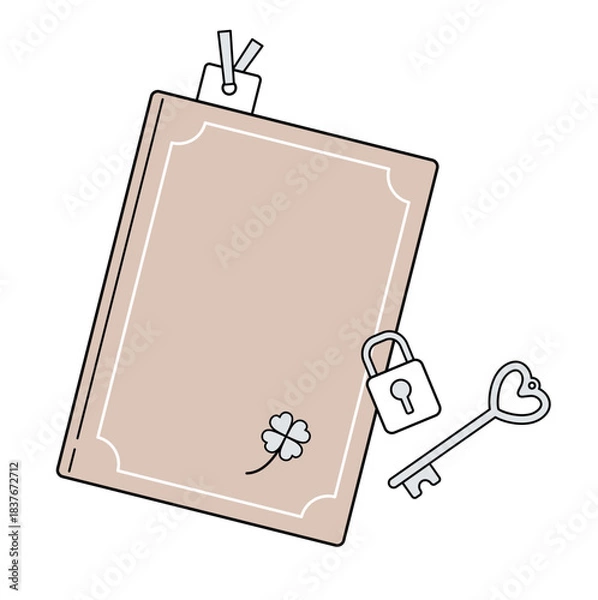 Fototapeta 鍵付きノートと鍵のラインアイコン：日記・手帳のミニマルな俯瞰（くすみカラー）