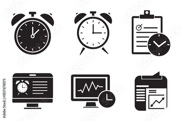 Fototapeta Time management and deadline icon set. Alarm clock, business schedule clipboard, computer monitoring, and work efficiency vector symbol.