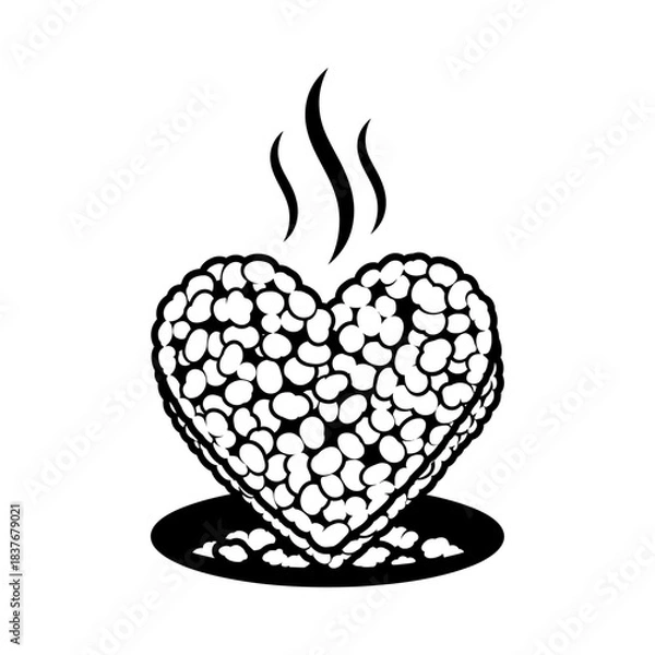 Fototapeta Heart shaped coffee beans vector silhouette with rising steam, a comforting hot beverage ingredient isolated on white background