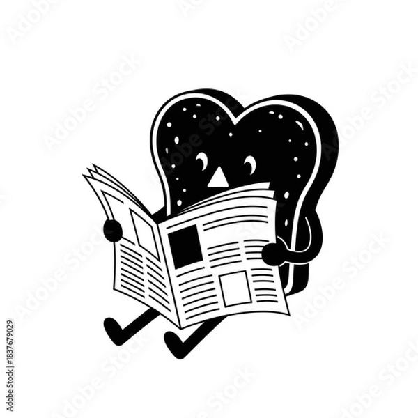 Fototapeta Heart shaped toast character silhouette vector reading a newspaper with a serious expression isolated on white background