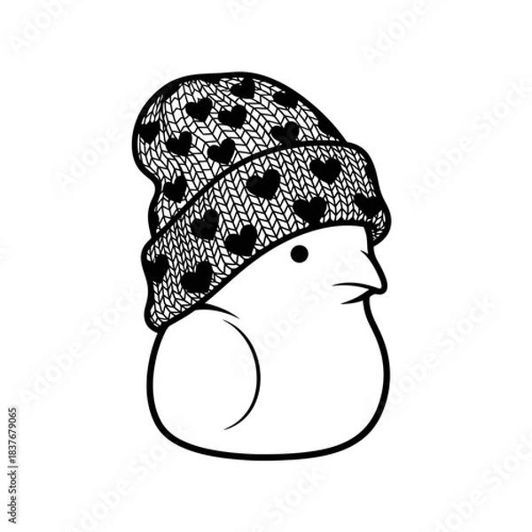 Fototapeta Small bird silhouette wearing a knitted beanie hat adorned with heart patterns vector illustration isolated on white background