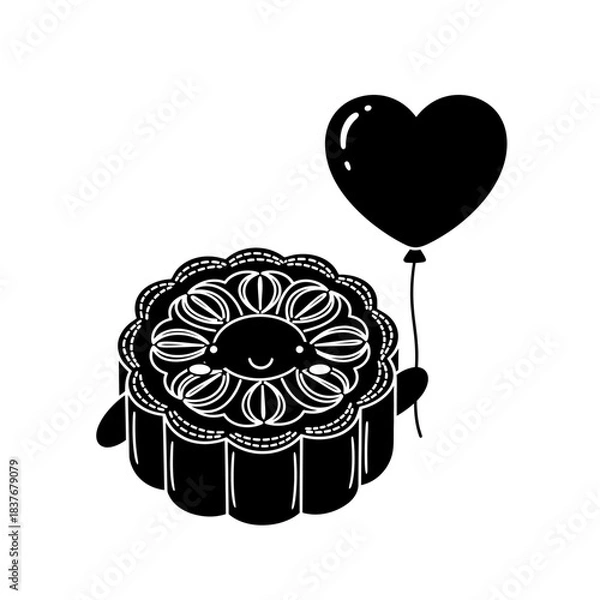 Fototapeta Smiling mooncake character silhouette holding a heart shaped balloon vector graphic traditional pastry isolated on white background