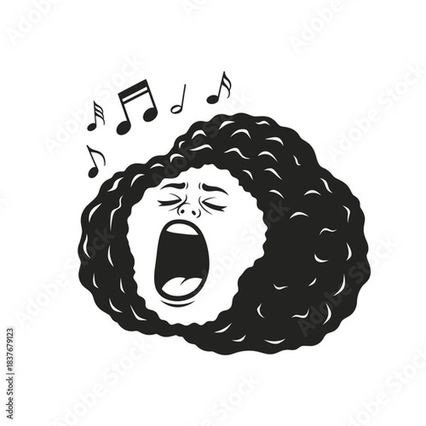 Fototapeta Vocalist silhouette vector illustration with open mouth and musical notes expressing passion isolated on white background
