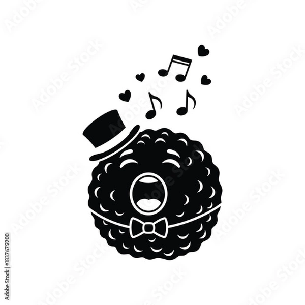 Fototapeta Singing furry monster character silhouette vector illustration with top hat and bow tie isolated on white background