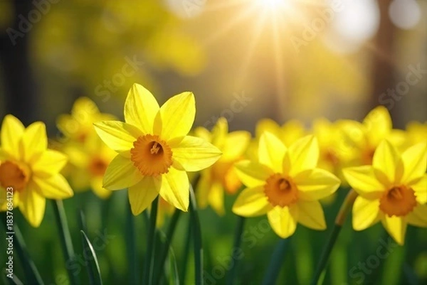 Obraz Vibrant yellow daffodils in full bloom, bathed in the warm sunlight of springtime A cluster of cheerful flowers announcing the arrival of spring , springtime flowers, nature