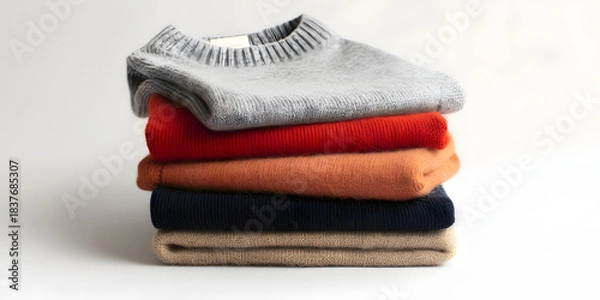 Obraz Stack of folded warm knit sweaters in assorted colors.