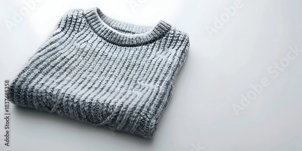 Obraz Folded gray knitted sweater rests on a clean white surface.