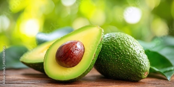Obraz The Avocado Halves on Wooden Surface with Bright Bokeh Background