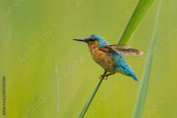 Fototapeta Kingfisher Bird Perched on Reed with Blurred Background
