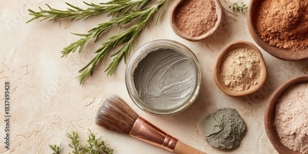 Obraz The Clay Mask and Natural Skincare Ingredients with Brush, Powders, and Rosemary