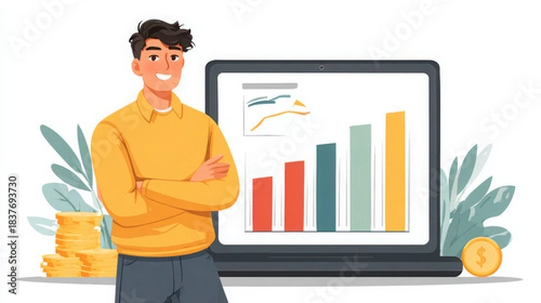 Fototapeta A young businessman confidently stands with arms crossed next to a laptop showing a growth chart, with coins indicating financial success and market analysis.