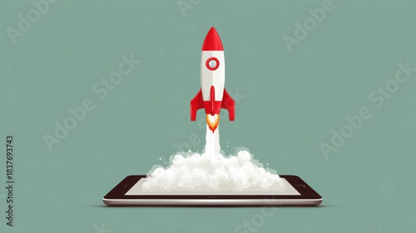 Fototapeta A vibrant red and white rocket ship launches powerfully from a tablet with a burst of smoke against a soft teal backdrop, symbolizing innovation and progress.