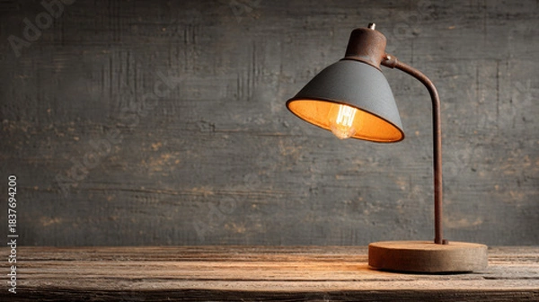 Fototapeta A vintage desk lamp with a warm glowing bulb sits on a rustic wooden table against a textured dark gray wood paneled wall creating a cozy atmosphere.
