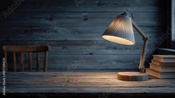Fototapeta An illuminated desk lamp rests upon a rustic wooden table with stacked books beside it, set against a weathered wood wall and chair in muted, atmospheric light.