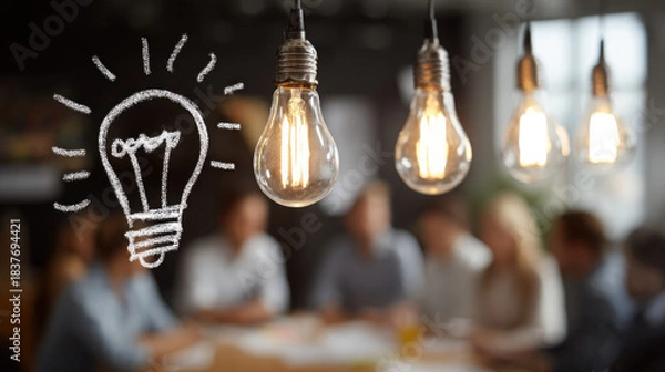 Fototapeta Lightbulbs hang above a blurred group of people at a table, with a hand-drawn lightbulb as a concept for innovation, brainstorming, or creativity at work.