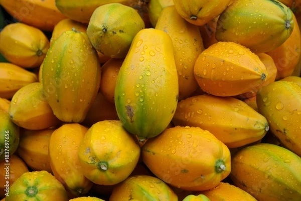 Fototapeta Stacked yellow squash with water droplets, fresh produce, farmers market
