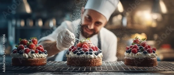 Obraz The Chef Decorating Three Berry-Topped Cakes on a Wire Rack in Professional Kitchen