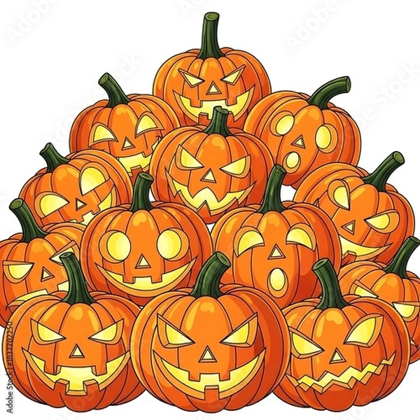 Fototapeta Pile of Cartoon Jack-o'- Lanterns with Various Faces