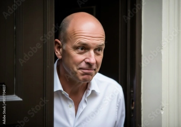 Obraz A Bald Man in a White Shirt Leans Through a Doorway