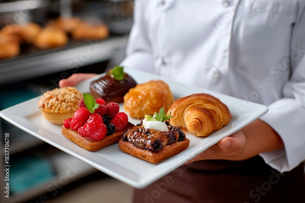 Obraz Chef holding plate with assorted fresh pastries